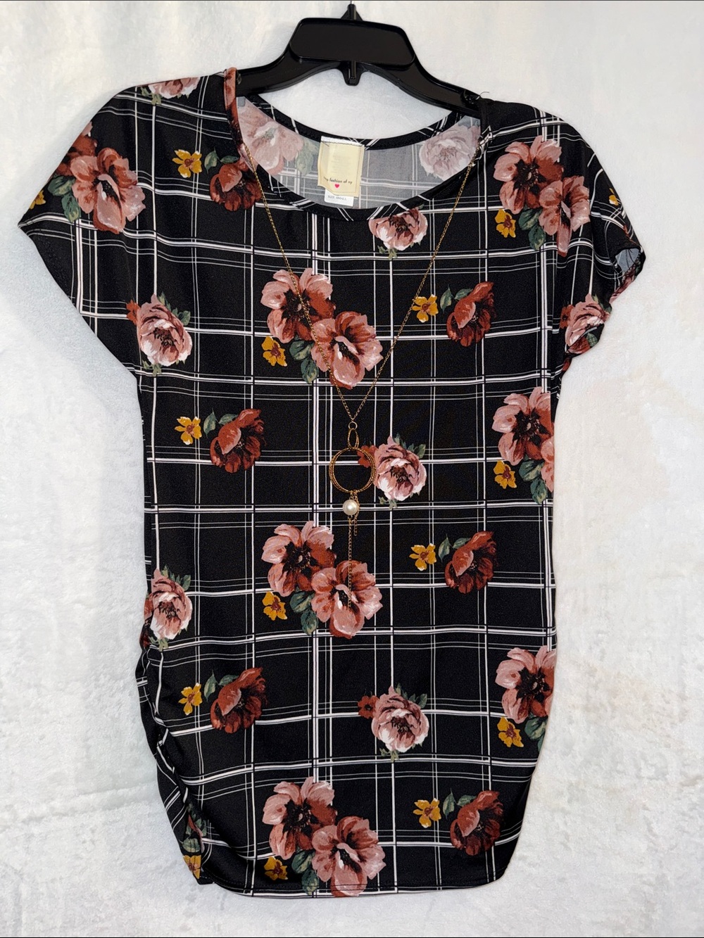 Women's Black Short-Sleeve Floral Plaid Tee